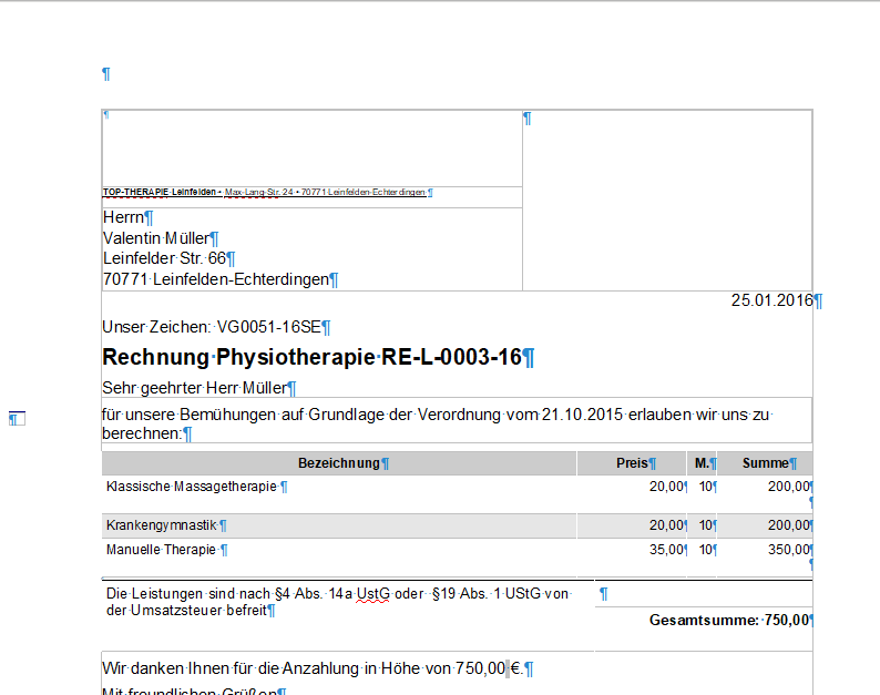 Therapie Privatrechnung